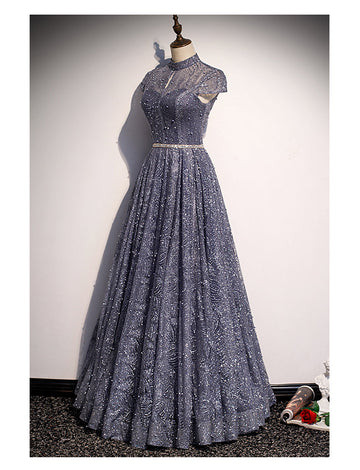 Princess High Neckline Short Sleeves Long Prom Dresses HZ1023